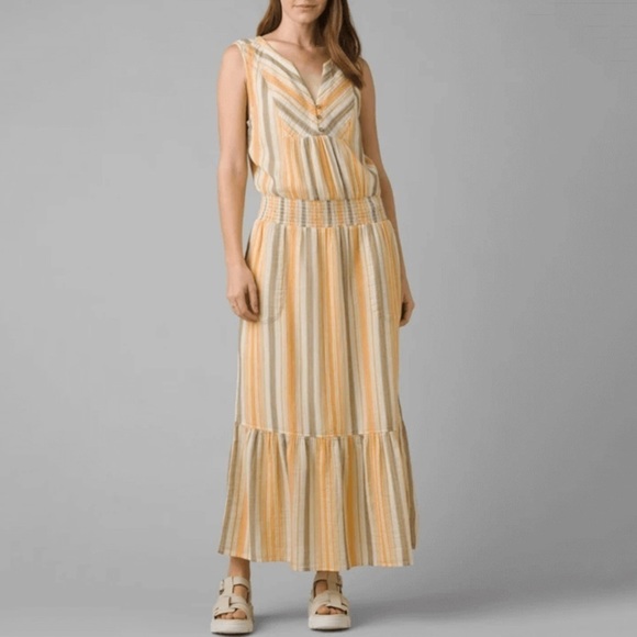 NWT Prana California Dreaming Ruffle Striped Maxi Dress In Golden Hour - Picture 1 of 8